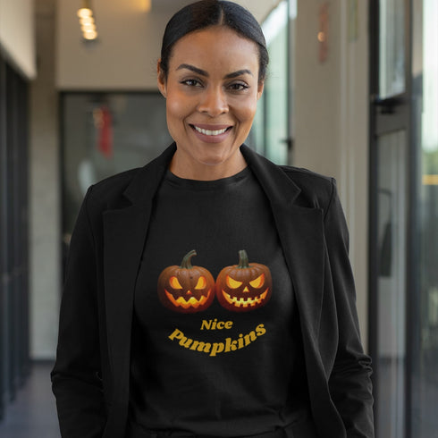 Nice Pumpkins Halloween Black  T-Shirt – Funny Jack-O-Lantern Graphic Tee for Women